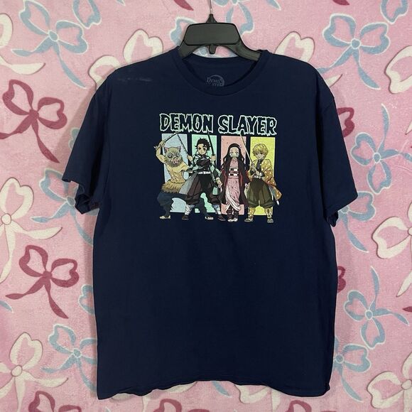 Demon Slayer Navy Blue Anime Crew Neck Short Sleeves Graphic T Shirt Sz L - Picture 1 of 7